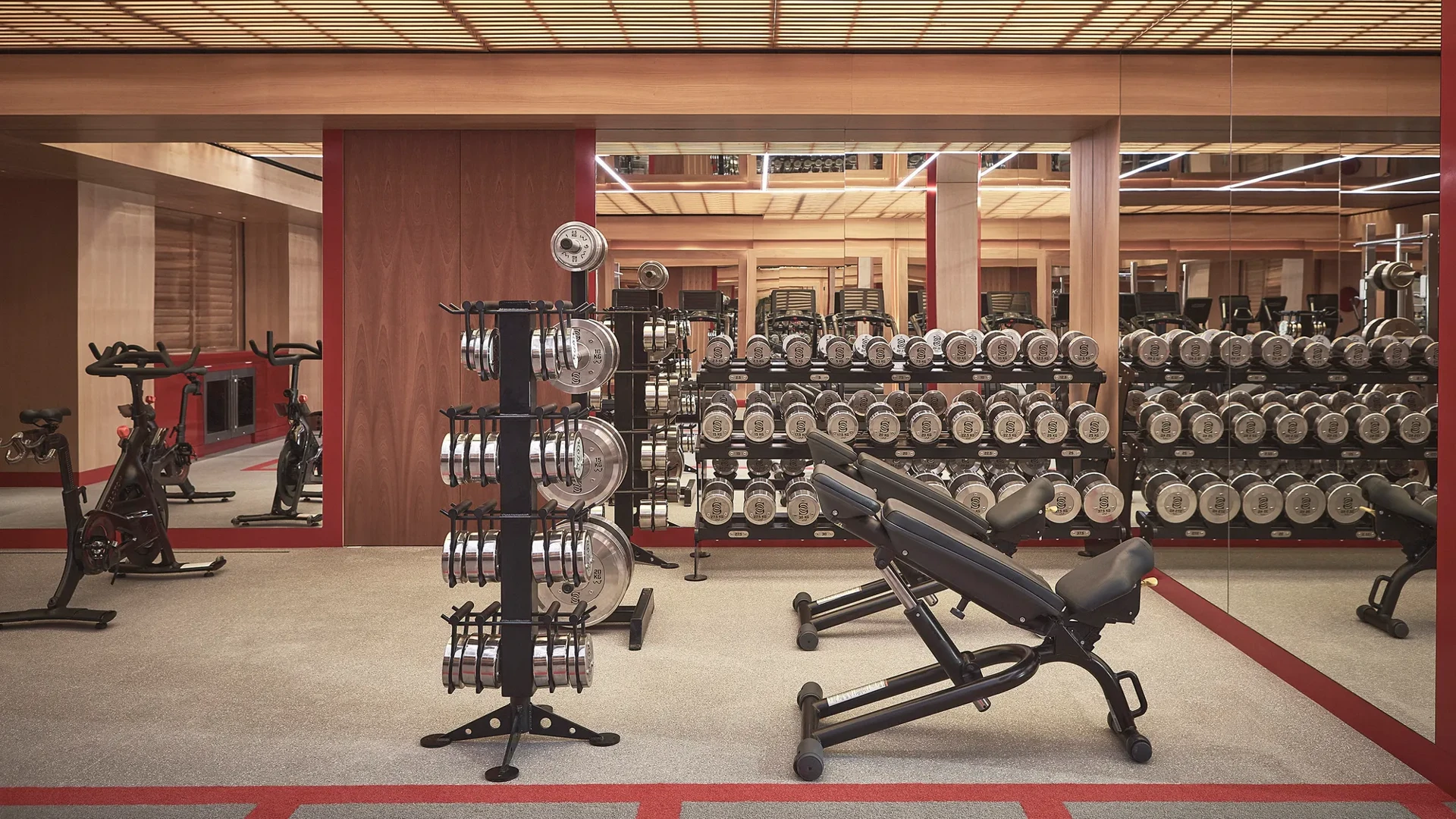 Modern gym with free weights, adjustable benches, mirrored walls, and exercise bikes under warm wood-paneled ceilings.