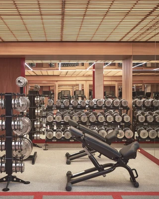 Modern gym with free weights, adjustable benches, mirrored walls, and exercise bikes under warm wood-paneled ceilings.