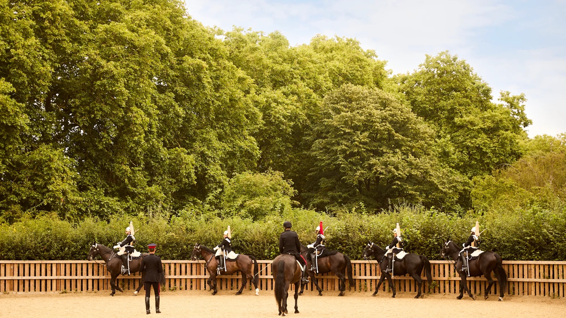 Horses walking in a line, one following directly behind another across an open area.