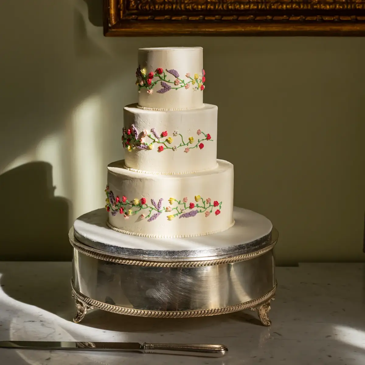 Three-tier white cake with delicate floral decoration displayed on a silver stand in soft natural light