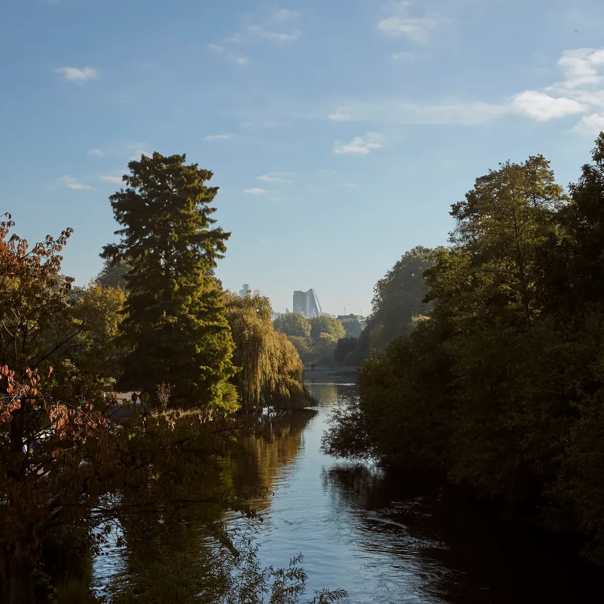 A tranquil view of a tree-lined lake in London’s Hyde Park with calm water reflecting the blue sky, framed by autumn foliage and distant city buildings on the horizon.