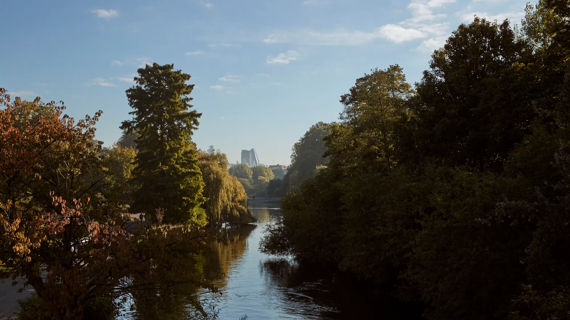 A tranquil view of a tree-lined lake in London’s Hyde Park with calm water reflecting the blue sky, framed by autumn foliage and distant city buildings on the horizon.