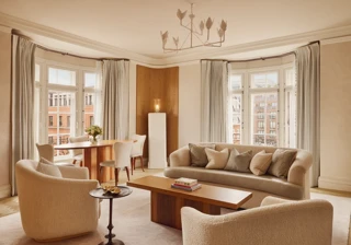 Bright and elegant living room with curved cream sofas, wooden coffee table, and dining area by tall bay windows framed with soft grey curtains overlooking red-brick buildings.