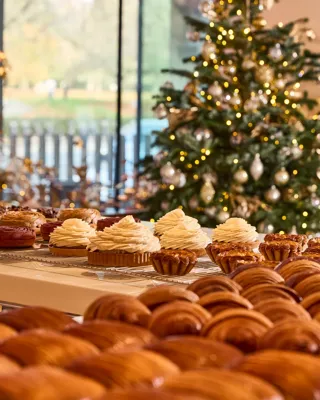 Assorted pastries displayed on a counter with decorated Christmas trees glowing in the background.