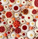 An overhead view of an artistic arrangement of fruit tarts and cakes topped with raspberries, strawberries, cream, and fruit glazes, displayed alongside whole peaches and figs on a white background.