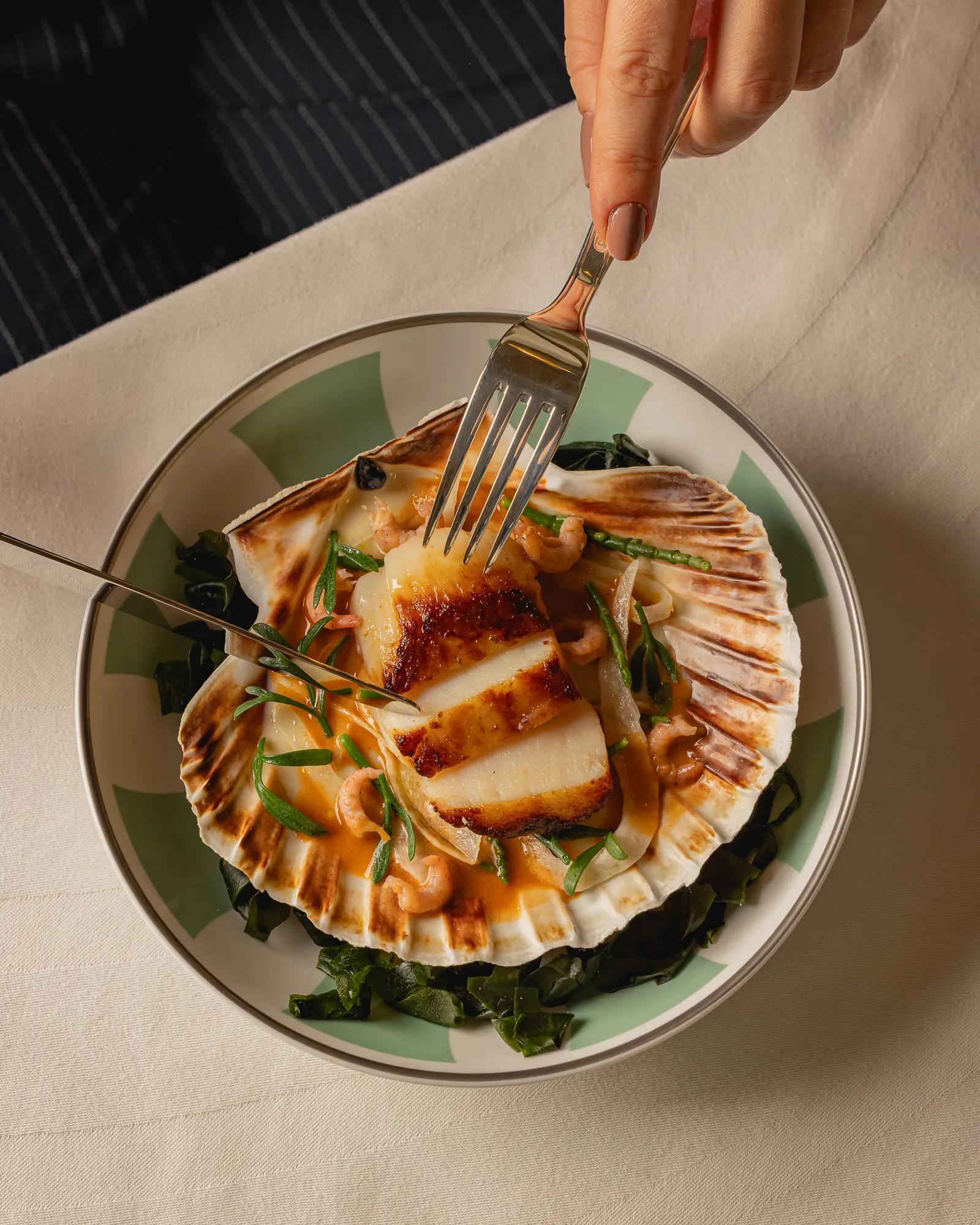 Seared scallops served in a shell with greens and a creamy sauce, while a diner cuts into the dish with a knife and fork.