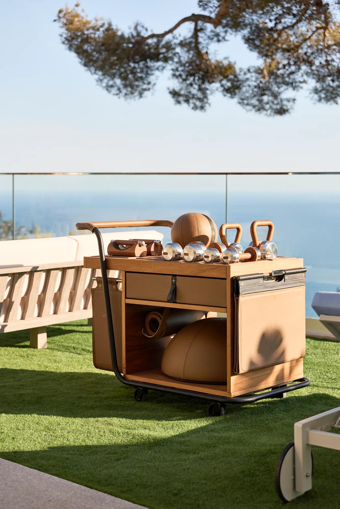 Chariot de bien-être en bois sur terrasse avec haltères chromés, médecine-ball en cuir fauve et kettlebells. Balustrade vitrée encadre vue côtière et pins.