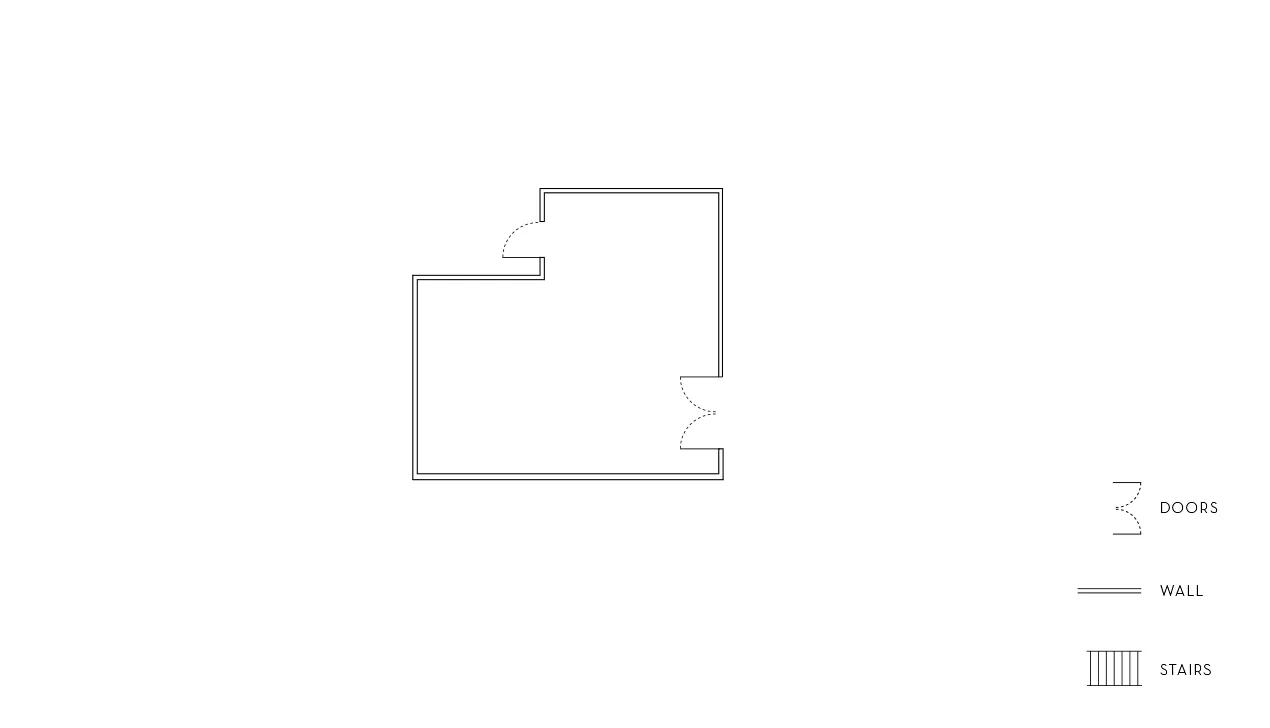 Floorplan layout of the Wilshire private event space in Beverly Hills with walls and entry points marked.