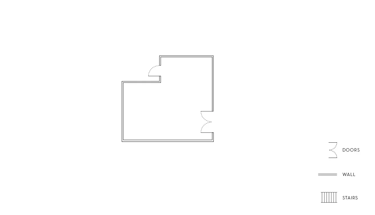 Floorplan layout of the Wilshire private event space in Beverly Hills with walls and entry points marked.