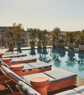 Rooftop pool lined with blue-striped loungers and potted plants, overlooking the city skyline and treetops.