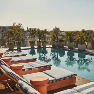 Rooftop pool lined with blue-striped loungers and potted plants, overlooking the city skyline and treetops.