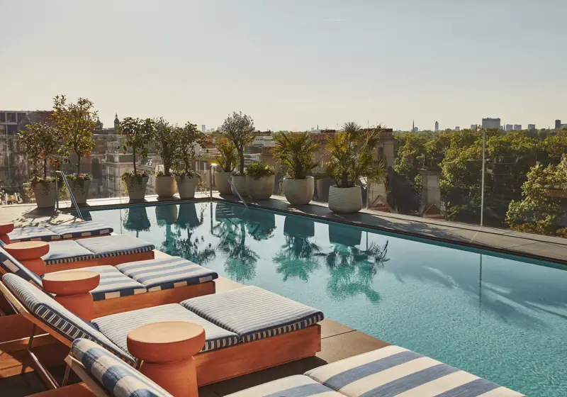 Rooftop pool lined with blue-striped loungers and potted plants, overlooking the city skyline and treetops.