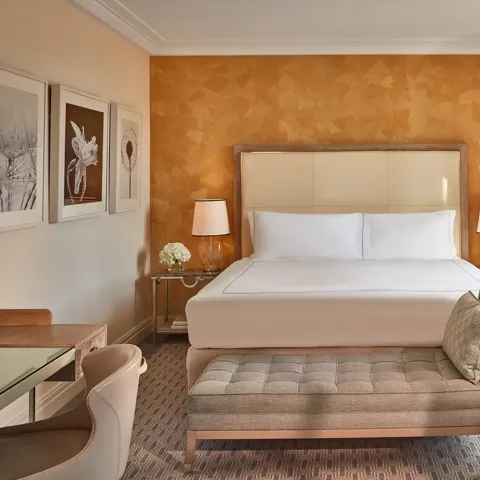 Hotel bedroom with cream headboard, patterned orange accent wall, and bench at foot of bed.