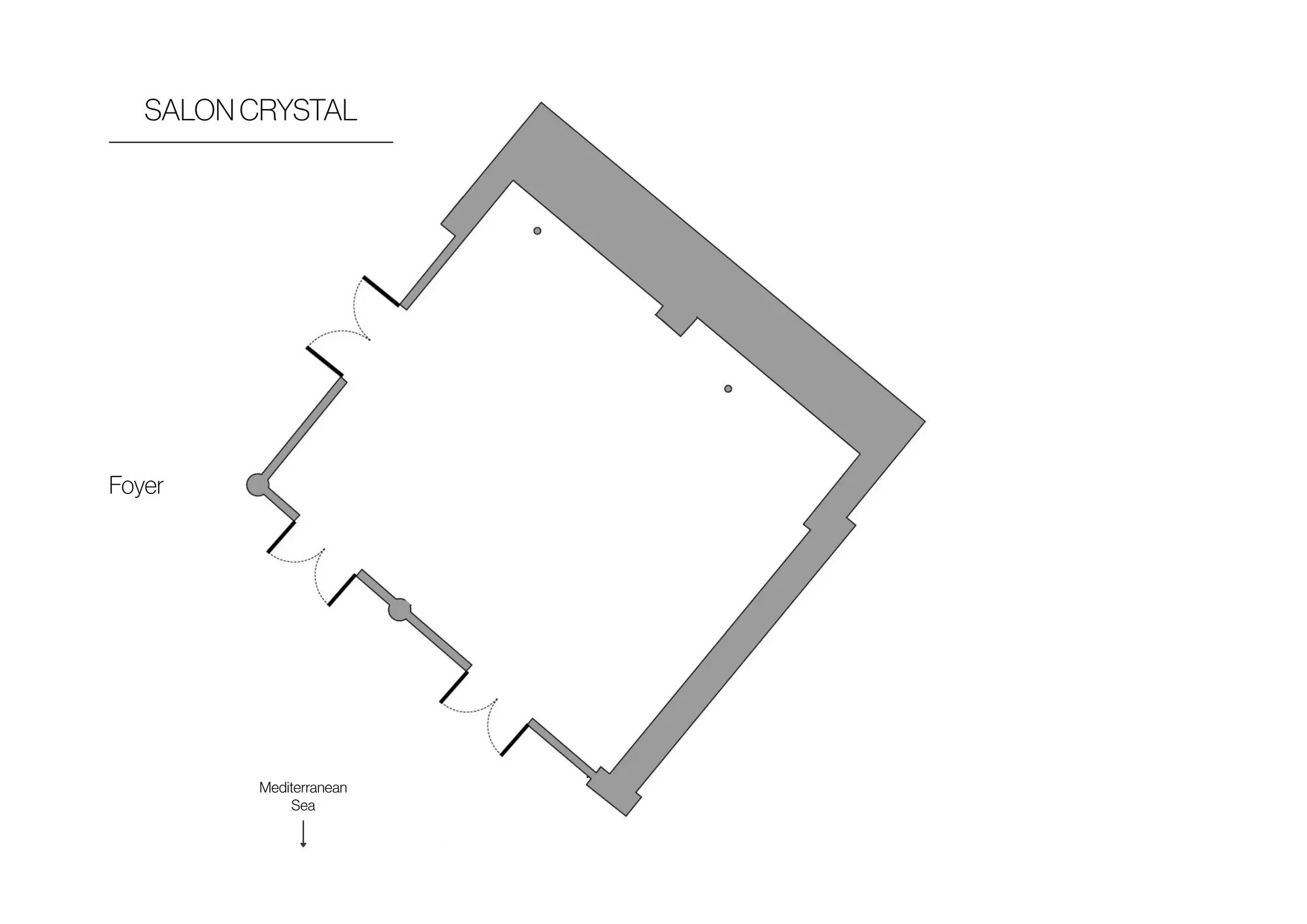Salon Crystal floorplan with doors to foyer and Mediterranean Sea orientation shown along exterior wall