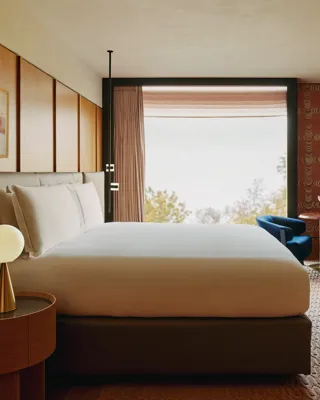 Bedroom with king-size bed, warm wood panelling, seating area, and large window overlooking treetops.