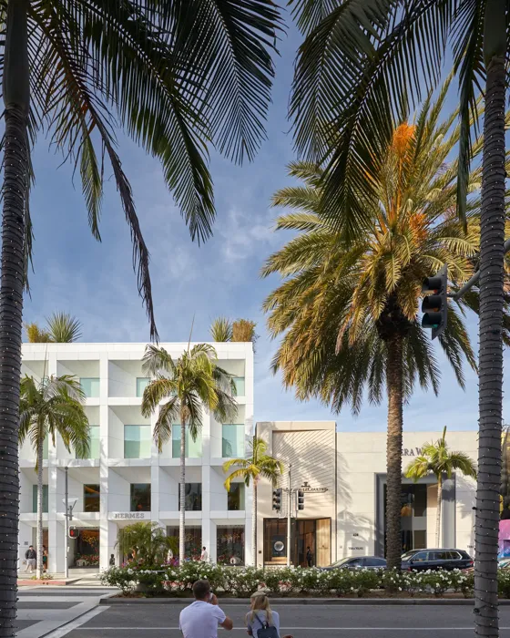 Two people on a bench facing Hermès and Jaeger-LeCoultre stores across Rodeo Drive, framed by palm fronds.