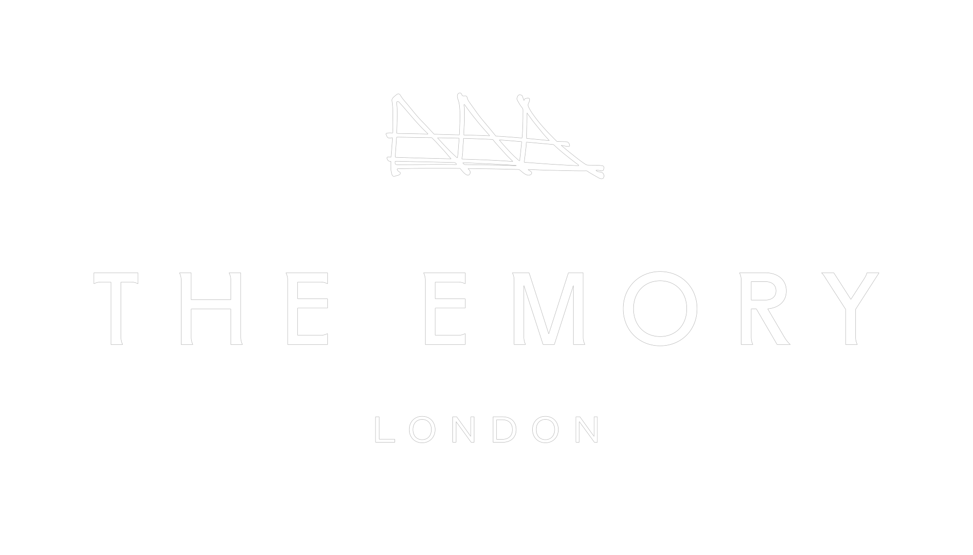 The Emory London wordmark logo in white text with emblem above on a dark background.