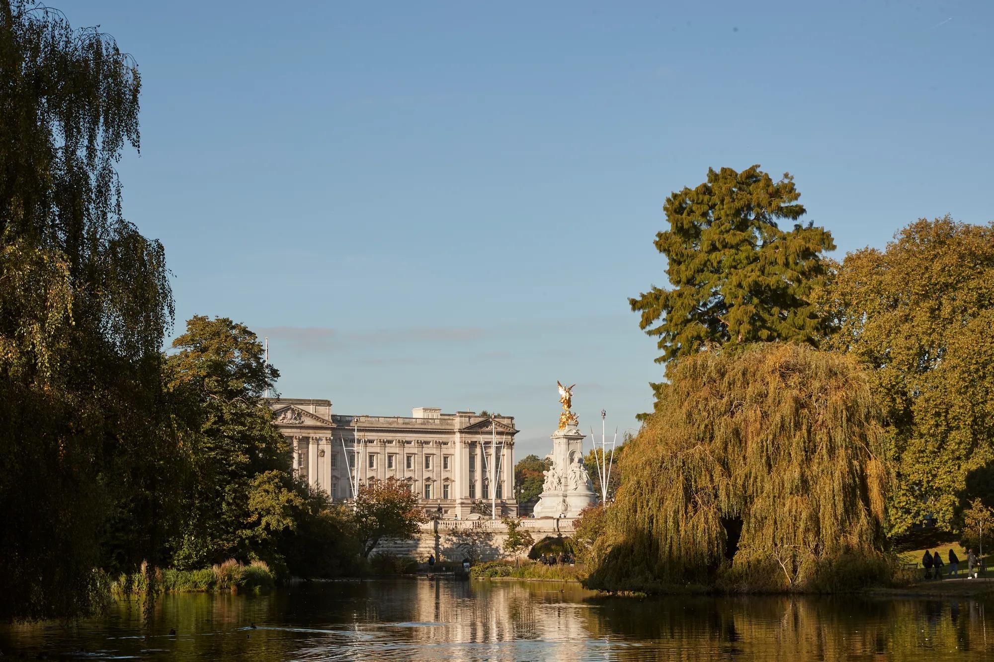 View across St James’s Park lake towards Buckingham Palace and Victoria Memorial, framed by trees in warm evening light.