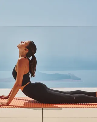 Personne pratiquant la posture du chien tête en haut sur un tapis, face à la mer derrière une balustrade vitrée.