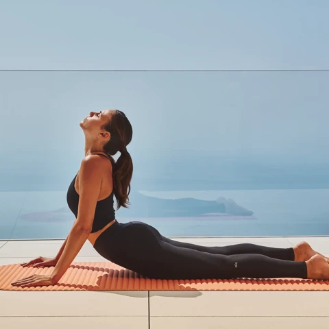 Person practising upward-facing dog yoga pose on a mat, overlooking the sea through a glass balustrade.