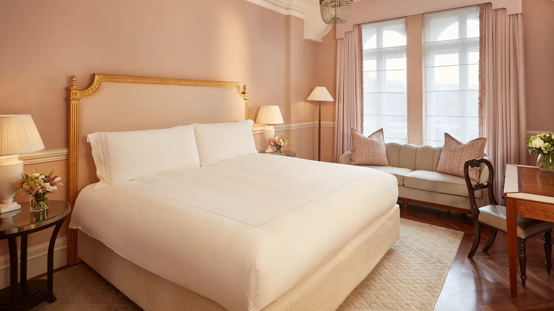 The Mayfair Room at Claridge’s, styled for an elegant event with refined décor, soft lighting, and a sophisticated arrangement that highlights the room’s classic architectural details.