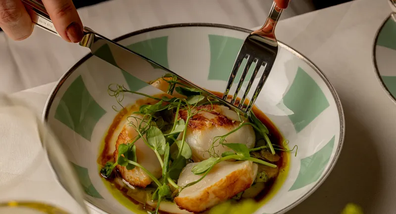 Close-up of seared scallops served in a patterned bowl, garnished with pea shoots and drizzled with sauce, with a hand using fork and knife to cut into one scallop.