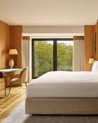 Opus Suite bedroom with king bed, writing desk, and floor-to-ceiling windows overlooking trees.