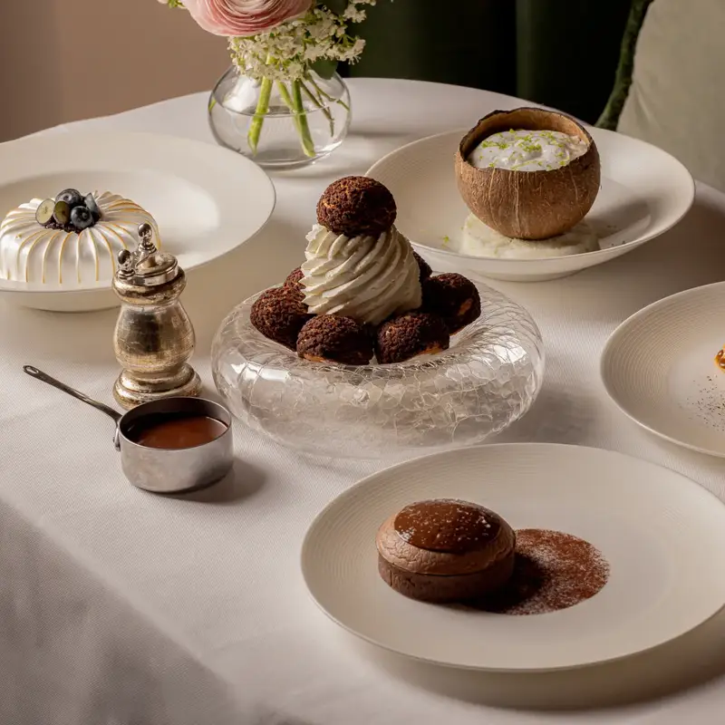 A plated spring dessert at Claridge’s Restaurant, featuring elegant presentation with fresh seasonal ingredients and refined pastry details