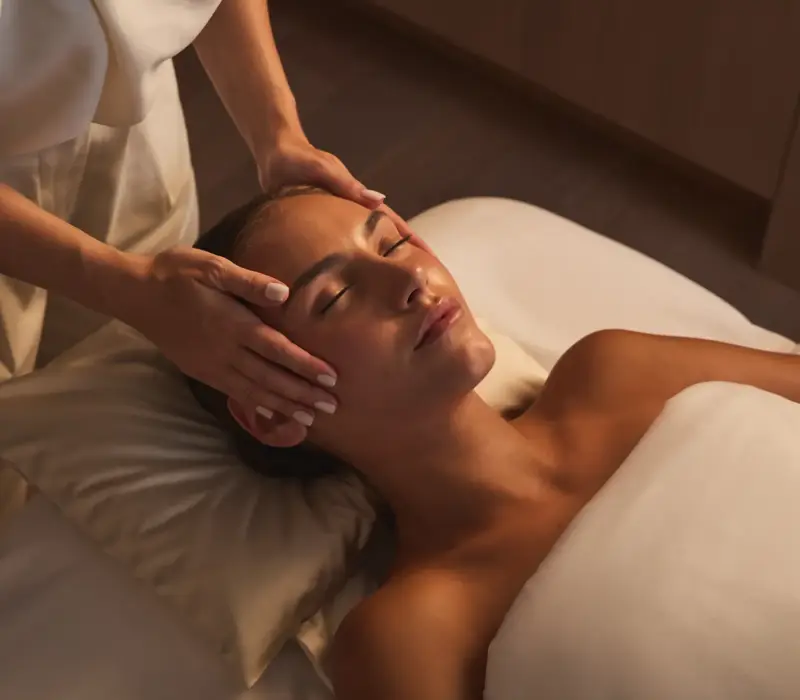 Therapist gently massaging a guest’s temples during a relaxing facial treatment.