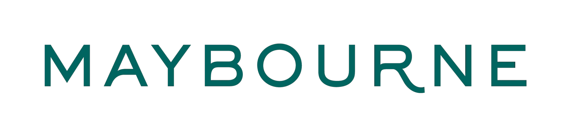 Mot-symbole Maybourne couleur sarcelle sur fond sombre transparent.