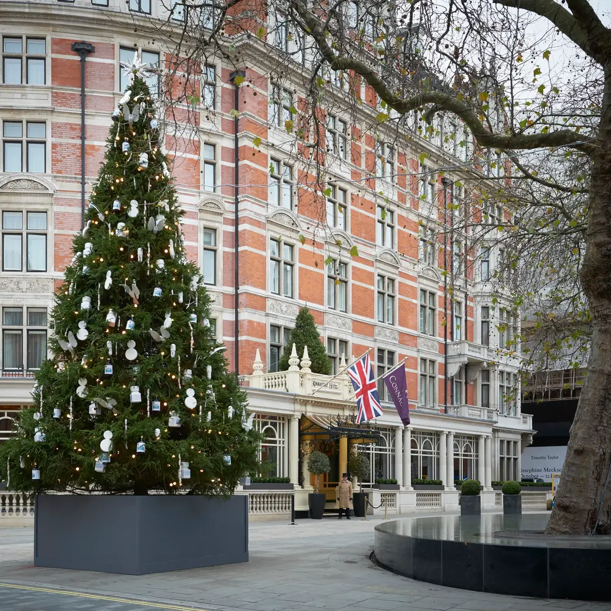 Decorated Christmas tree in planter outside grand red-brick hotel entrance on winter day.