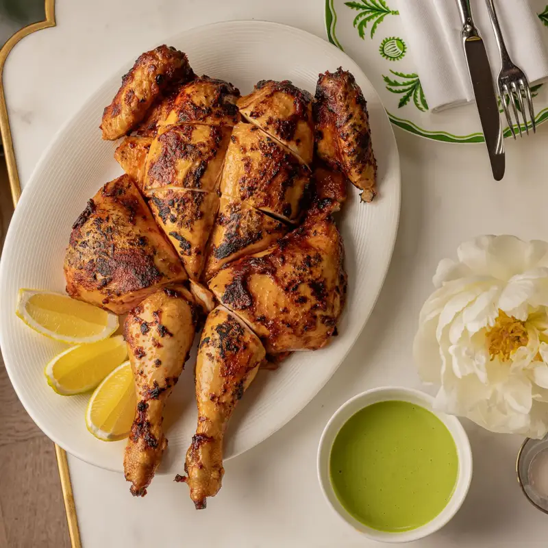 Whole grilled chicken on white platter with lemon wedges, green sauce, cocktail, and white flower on table.