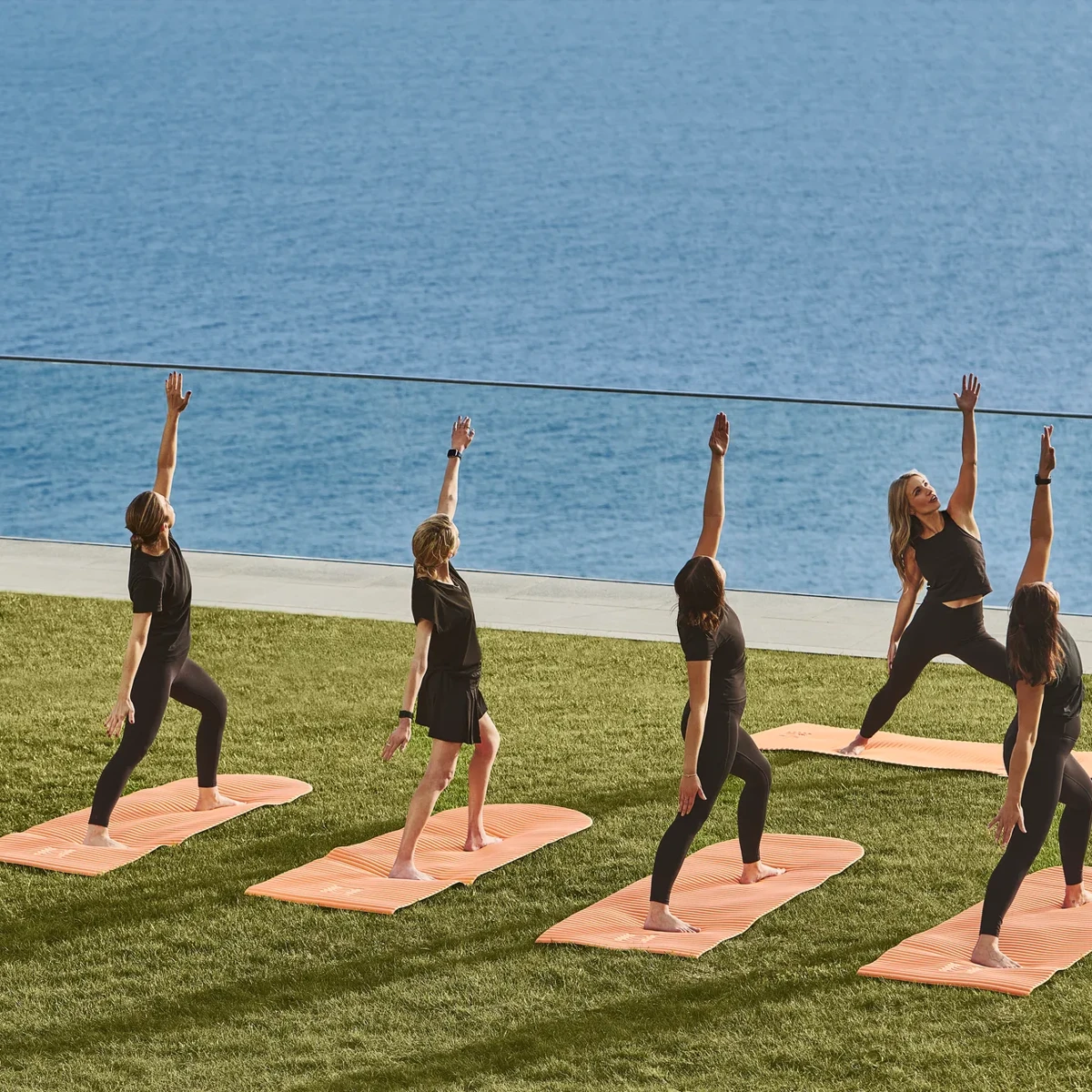 Group practising yoga on mats outdoors, overlooking the sea from a grassy terrace.