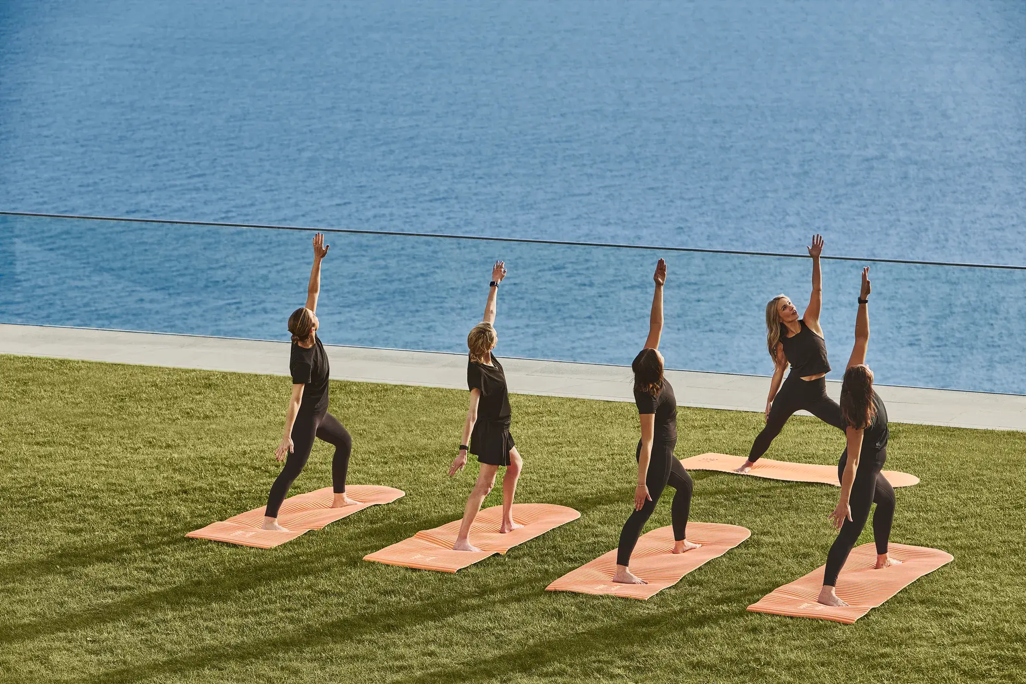 Group practising yoga on mats outdoors, overlooking the sea from a grassy terrace.