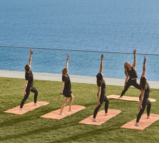 Group practising yoga on mats outdoors, overlooking the sea from a grassy terrace.