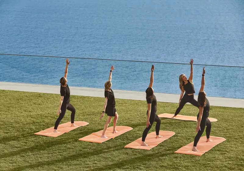 Group practising yoga on mats outdoors, overlooking the sea from a grassy terrace.