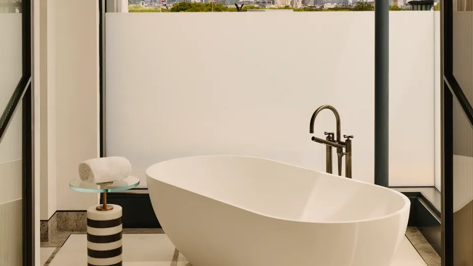 Modern bathroom with freestanding oval bathtub, floor-to-ceiling windows, and city skyline view beyond a private terrace.