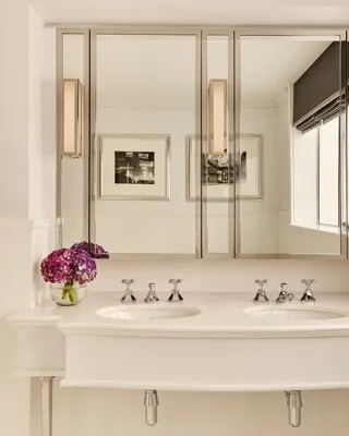 Cream double vanity with mirrored cabinets, chrome taps, and purple flowers beside bright window.