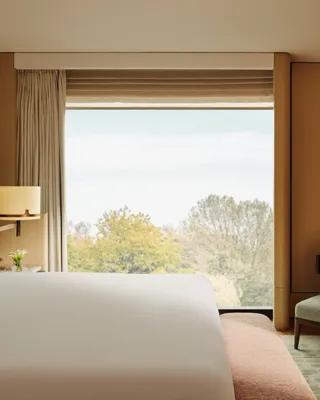 Modern hotel bedroom with king bed, soft wood panelling, armchair and floor-to-ceiling window overlooking leafy trees.
