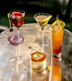Assorted cocktails on reflective metal table, including martini, old fashioned, spritz, and red drink garnished with citrus and cherry.