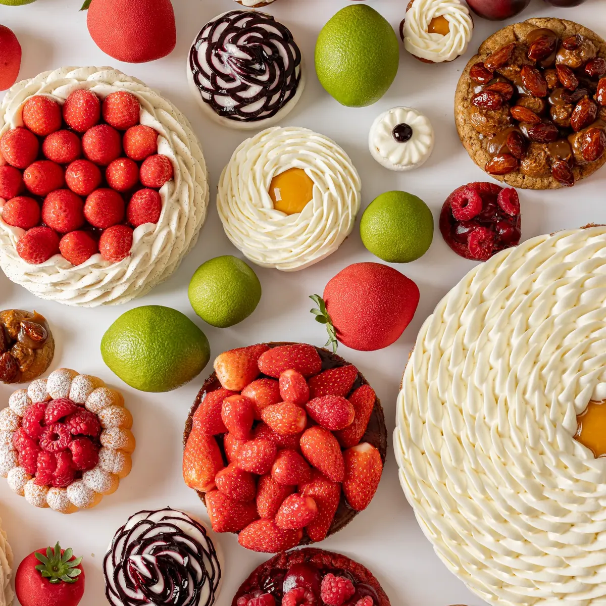 Overhead view of intricate fruit-themed pastries in red, green, and white tones on a white surface.