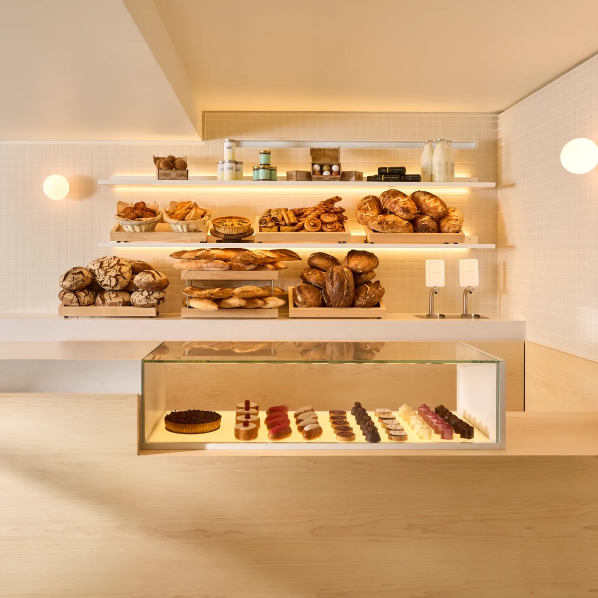Modern bakery counter with shelves of artisan breads and pastries above a glass display of small desserts.