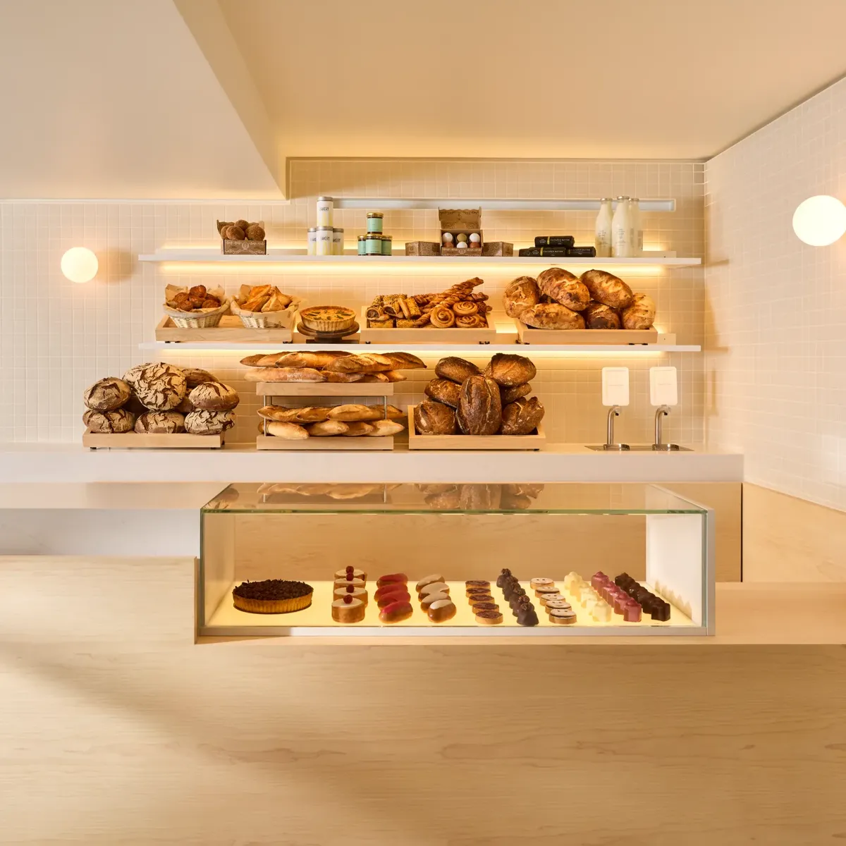 Modern bakery counter with shelves of artisan breads and pastries above a glass display of small desserts.