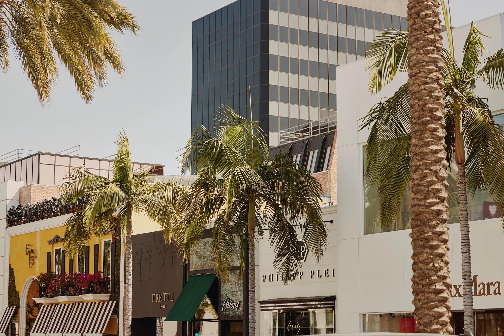 Rodeo Drive boutiques—Frette, Brioni, and Philipp Plein—set among palms and mixed modern architecture.