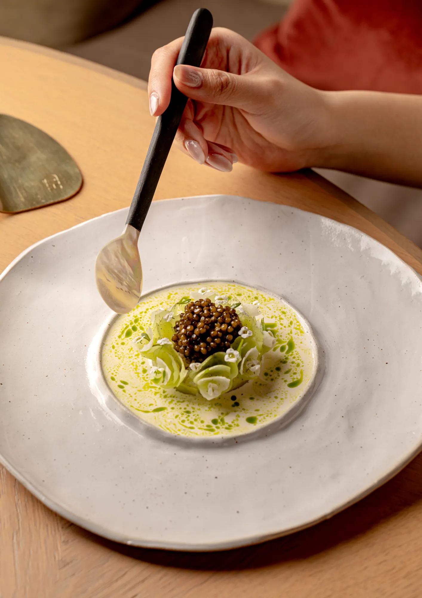 Hand holding a spoon over a plated dish with caviar, sliced vegetables and green sauce in a shallow bowl