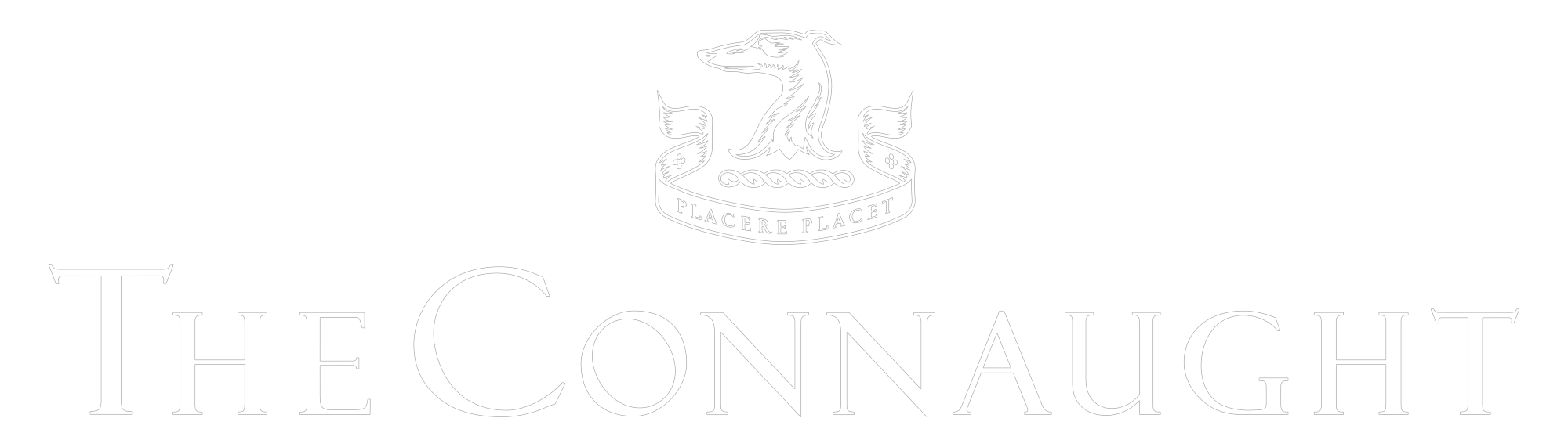 White The Connaught logo with greyhound crest and Latin motto on dark transparent background.