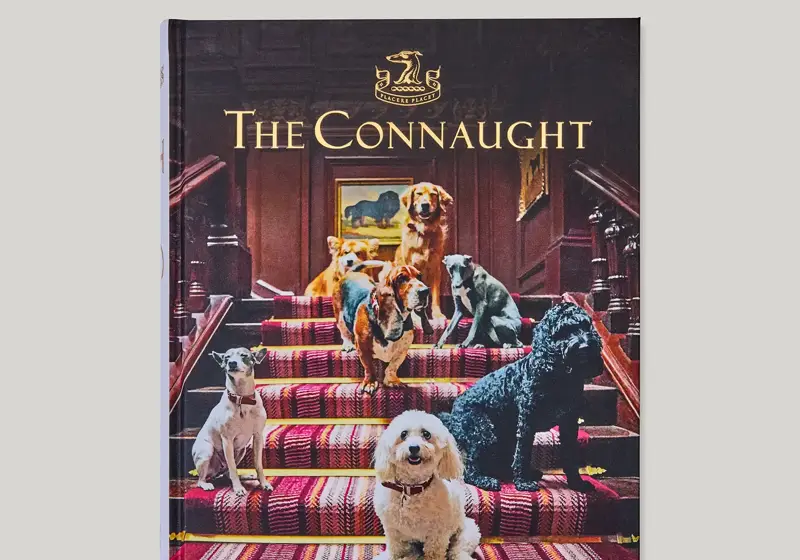 Book cover titled “The Connaught” showing several dogs posed on a red-carpeted staircase inside a grand hotel interior.