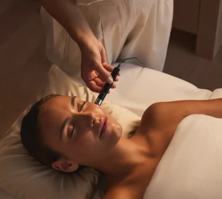 Spa therapist performing a gentle facial treatment using a handheld device in a calm, softly lit treatment room.