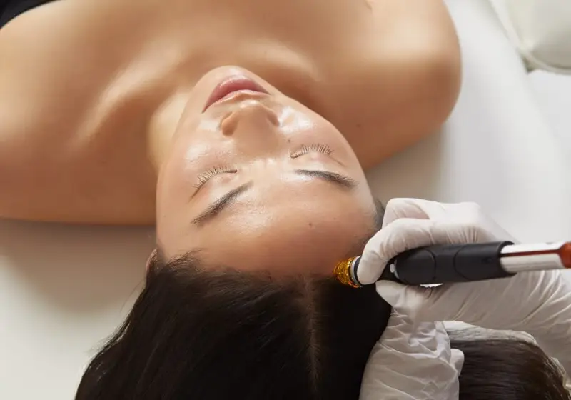 Woman receiving scalp treatment with handheld device, eyes closed, lying on treatment bed