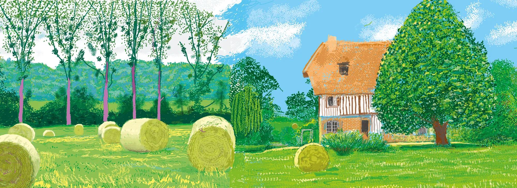 Bright illustration of countryside with hay bales, tall trees, and farmhouse under blue sky.
